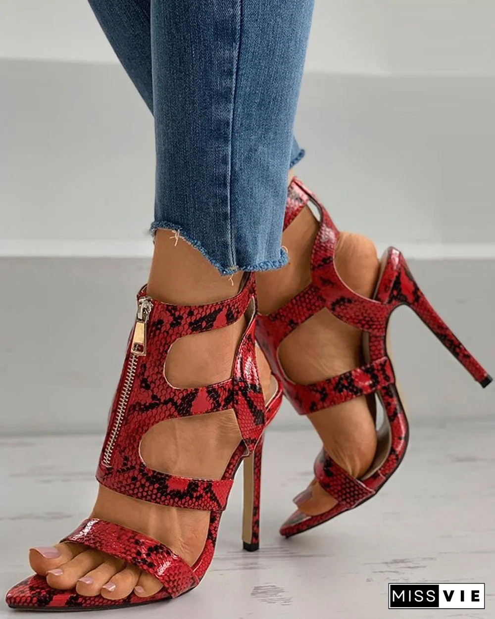 Zipper Design Cutout Stiletto Heel