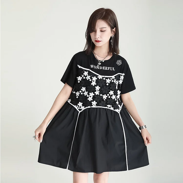 Loose Splicing Short Sleeve Mini Dress