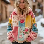 Women's Retro Bohemian Floral Pattern Plush Hoodie - Image 2