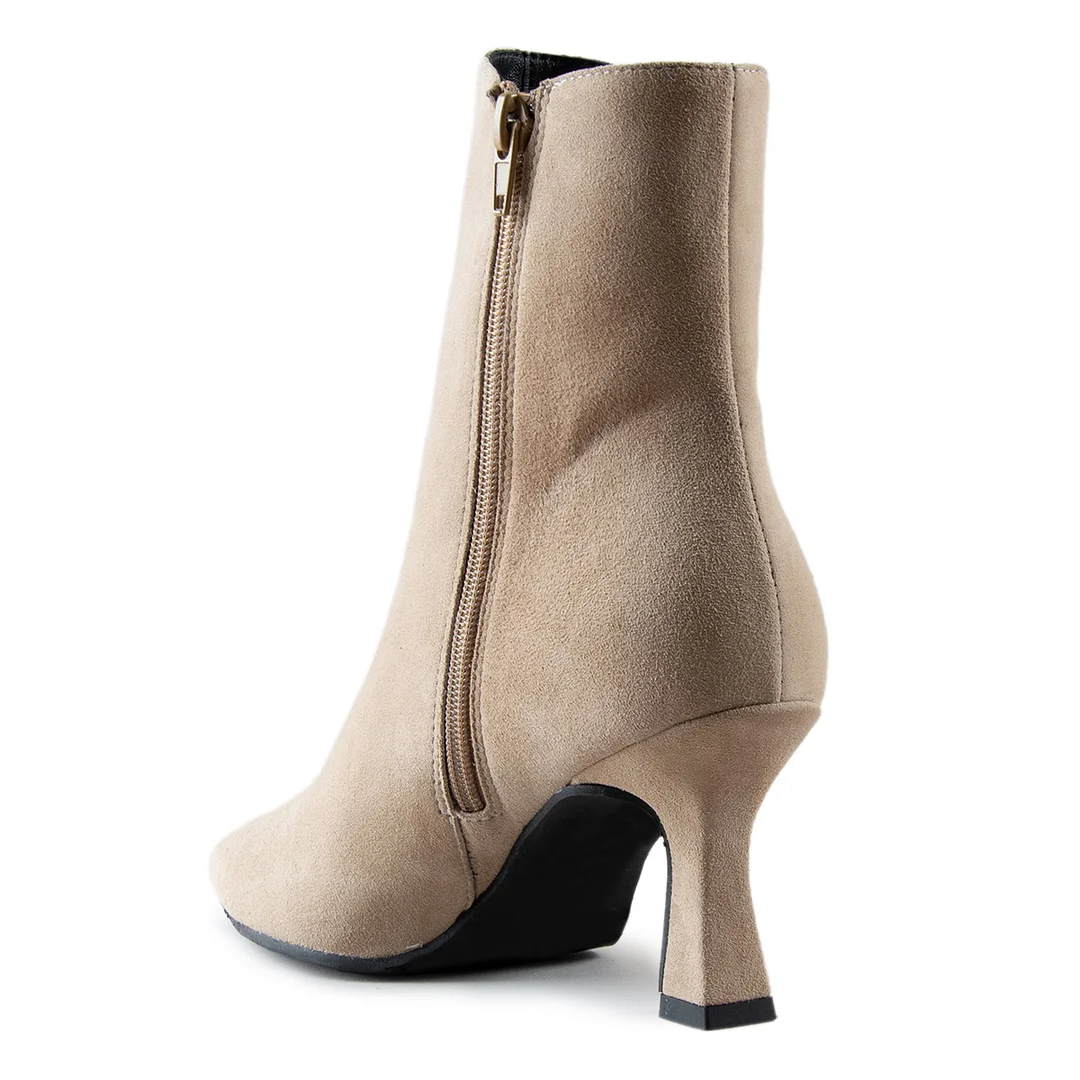 Faux Suede Pointed Side-Zip Closure Flared Heel Ankle Boots in Gray