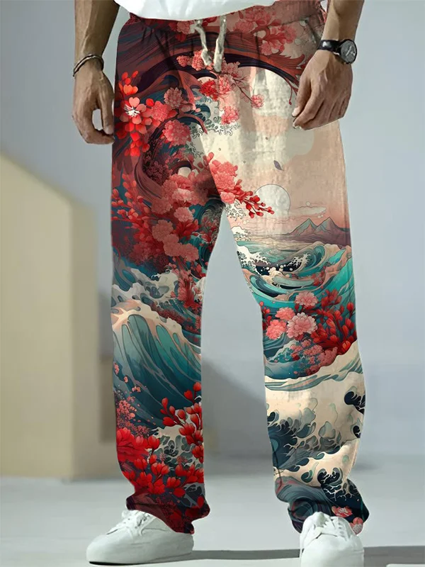 Men's Floral Sea Wave Japanese Art Print Casual Pants