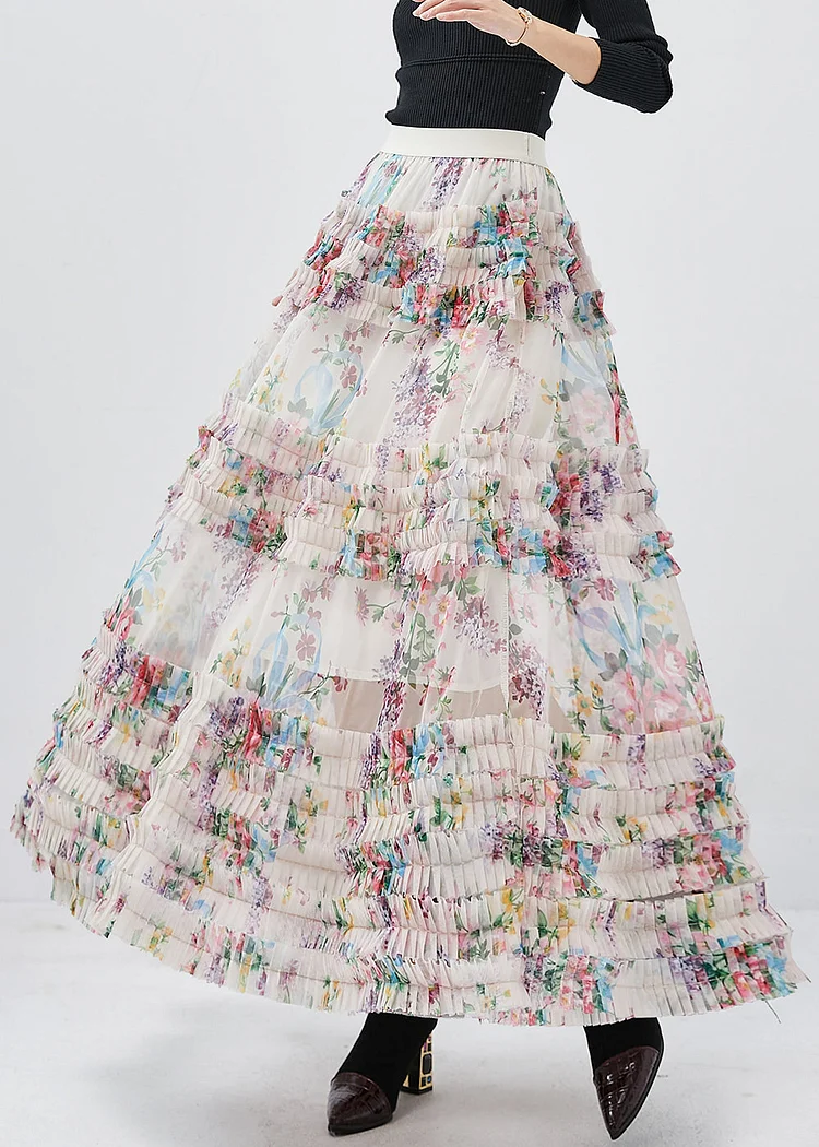 Simple White Ruffled Print Tulle Skirt Spring