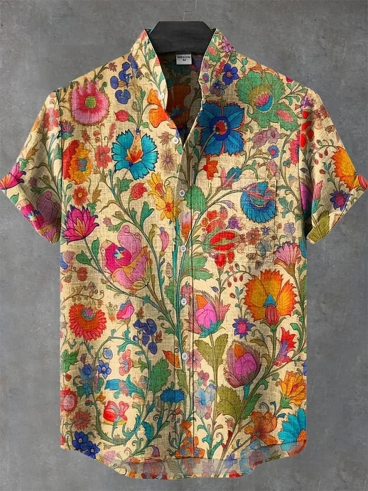 Men's Indian Folk Floral Print Art Casual 100% Cotton Shirt