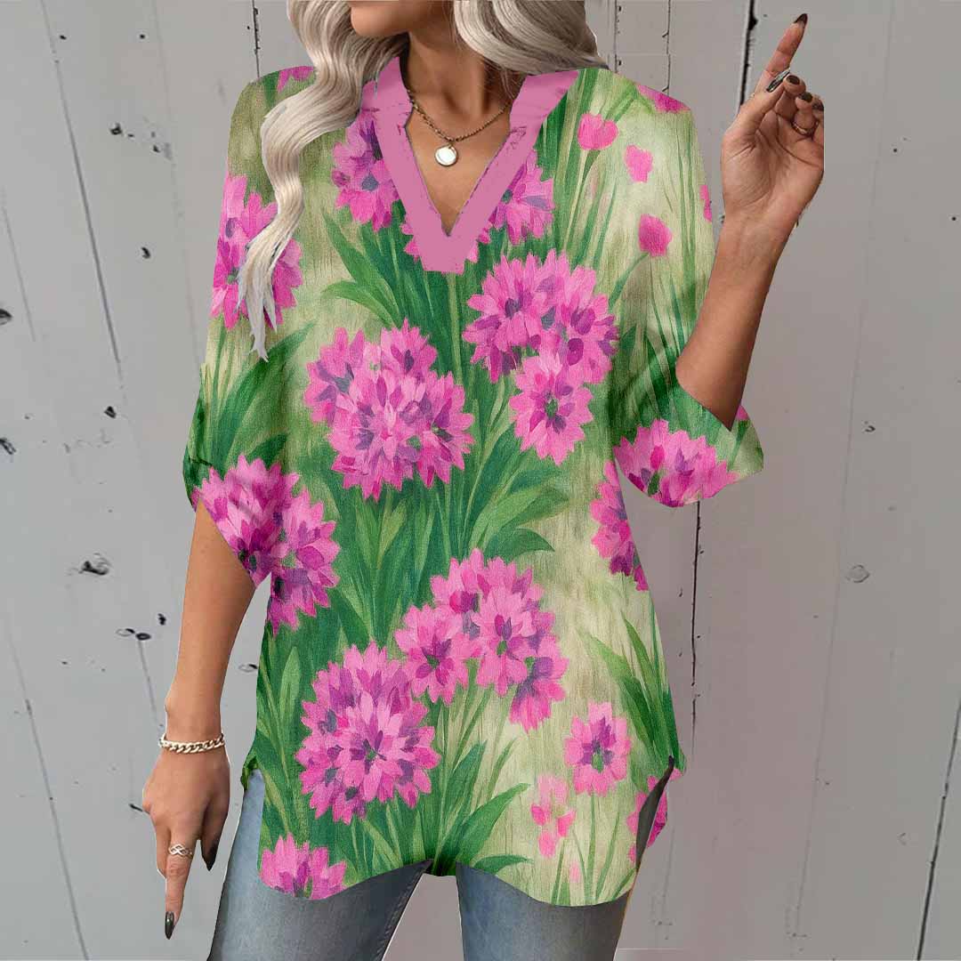 Women Floral, Red, Green DZGA0212 3/4 Sleeve V-neck Printed Graphic Button Tops