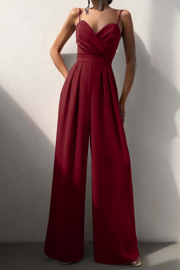 Hidais Chic Lilac Sweetheart Spaghetti Strap Sleeveless Pleated Long Wid-Leg Jumpsuit