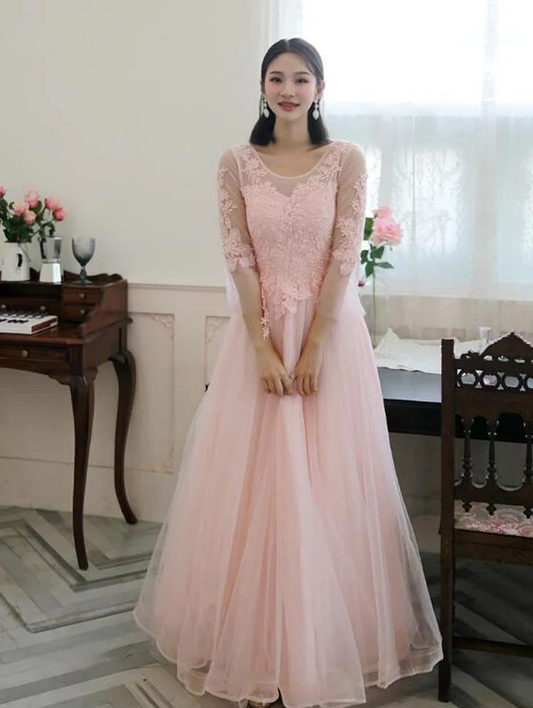 Pink Tulle A Line Prom Dress Applique O Neck Floor Length Princess Evening Party Gowns