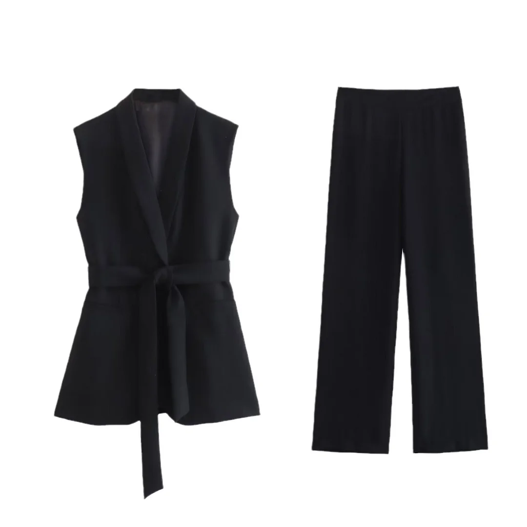 Nigikala Nigikala Women's Explosive Solid Color With Belt Medium Long Vest + Casual Pants Set