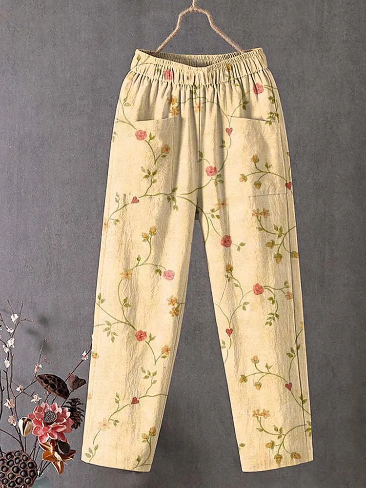 Women's Vintage Floral Art Printed Cotton And Linen Casual Pants
