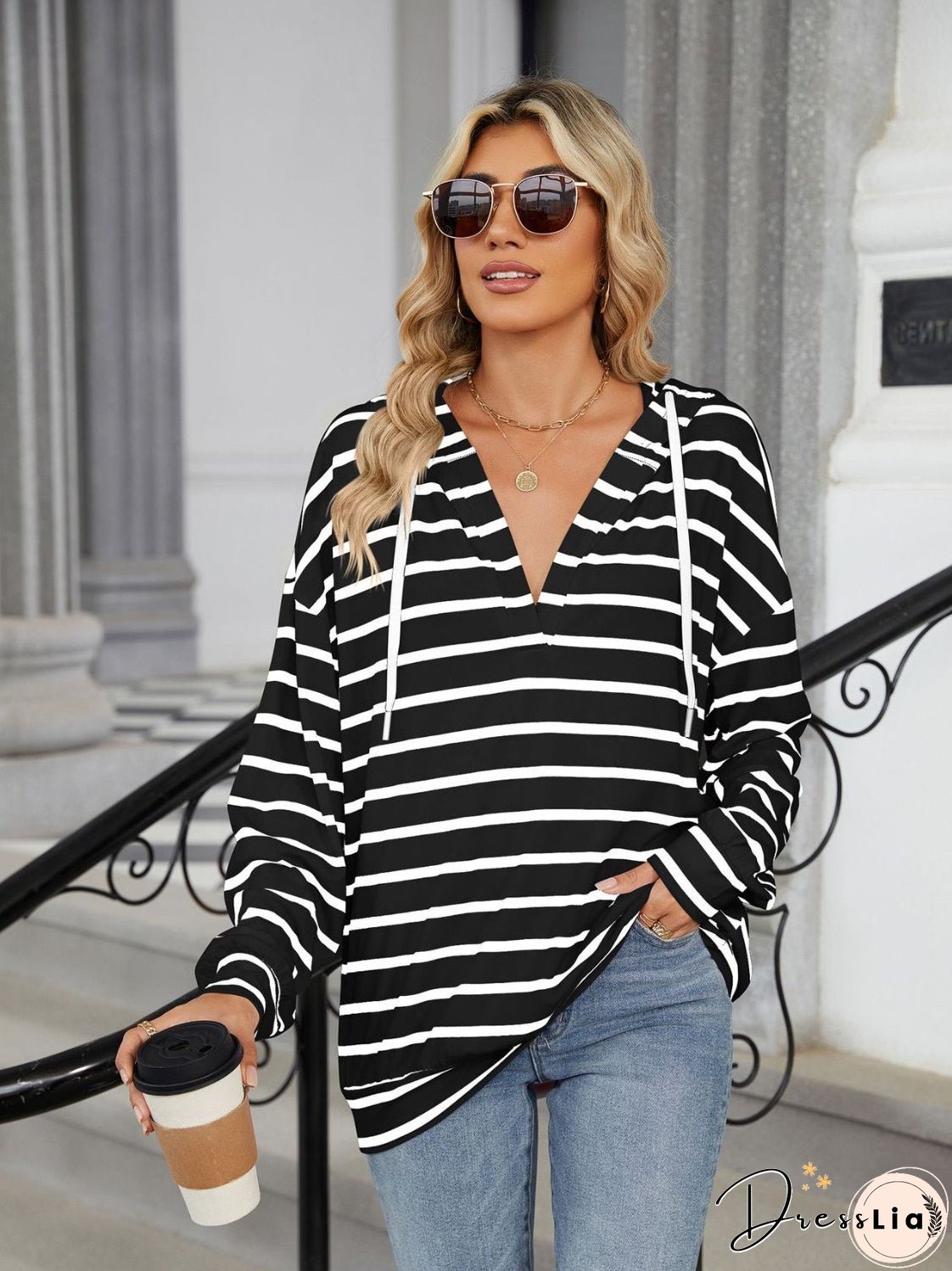 Drawstring Striped Long Sleeve Hoodie