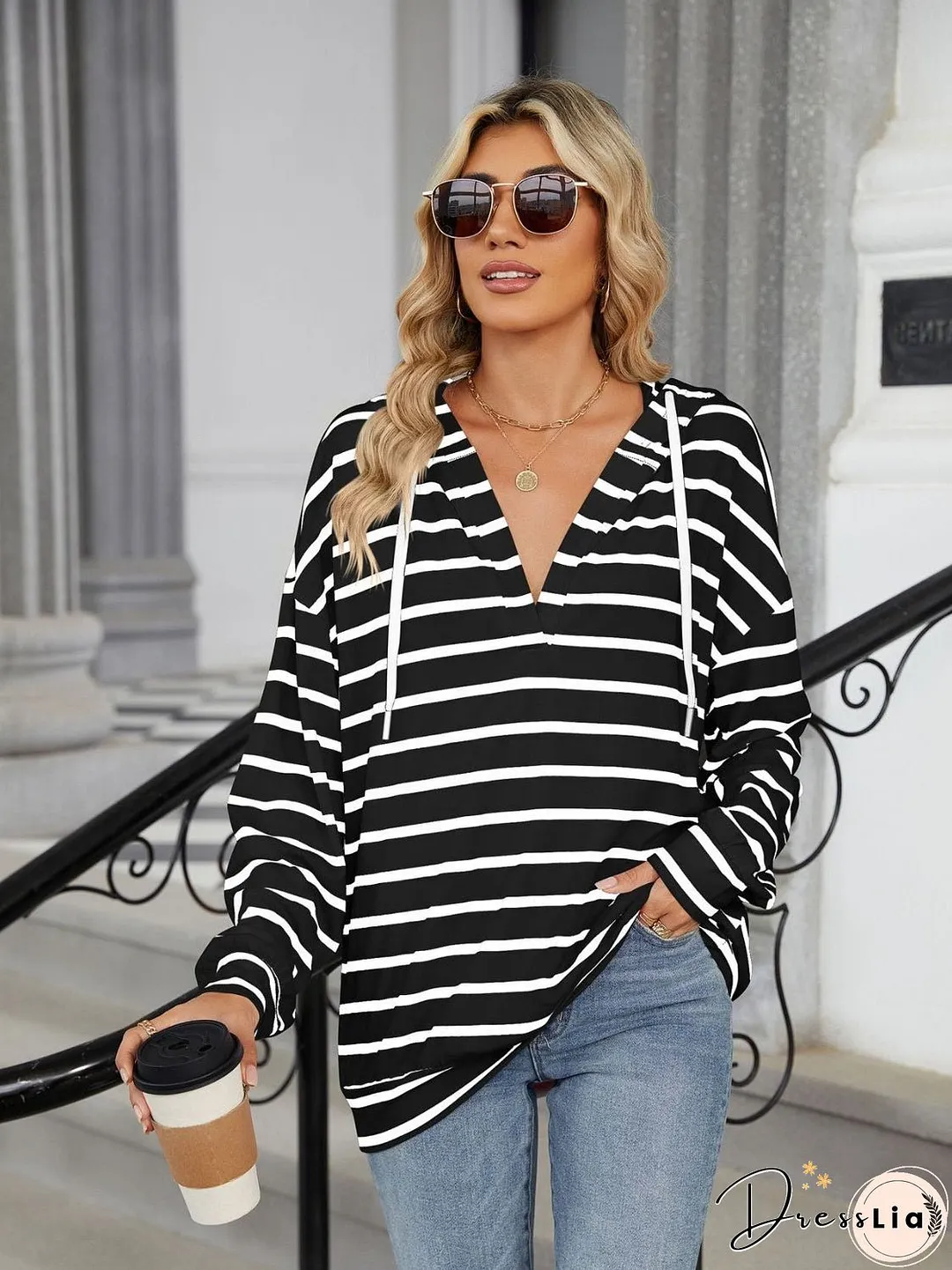 Drawstring Striped Long Sleeve Hoodie