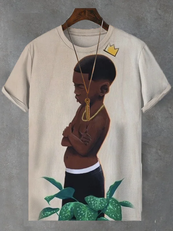 Men's Black Boy Illustration Print Casual T-Shirt
