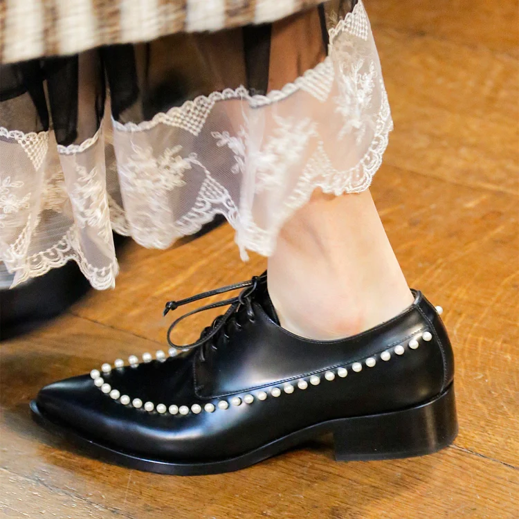 Black Lace Up Pearl Women's Oxfords |FSJ Shoes
