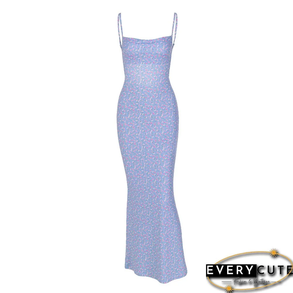 Blue Backless Spaghetti Straps Floral Dress