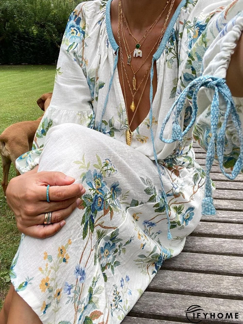 Long Sleeve V Neck Printed Dress | IFYHOME