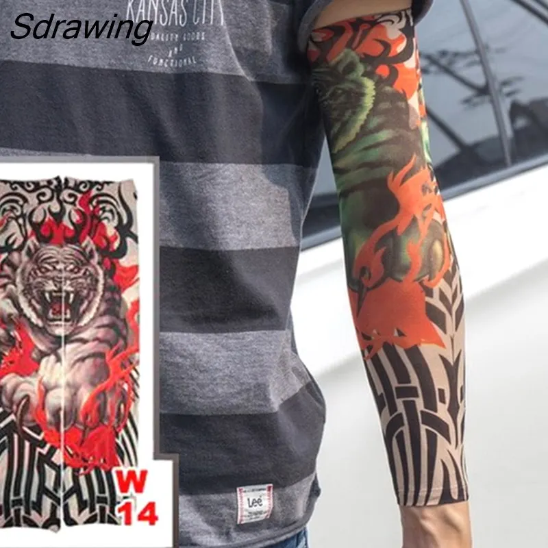 Sdrawing Temporary Tattoo Sleeve Tattoos Full Long Arm Tattoo Sleeve Men Elastic Nylon Tattoos skull dragon snake tiger tatoo sleeve