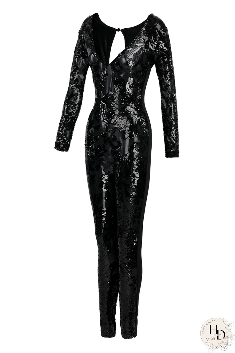 Black Fashion Sexy Patchwork Sequins V Neck Plus Size Jumpsuits