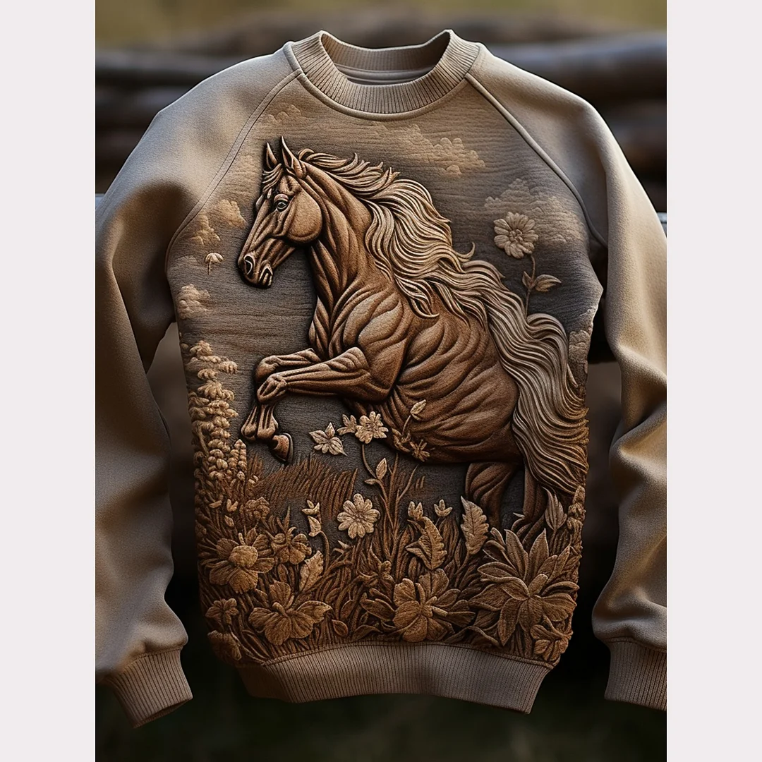 Vintage Flower Horse Print Round Neck Sweatshirt