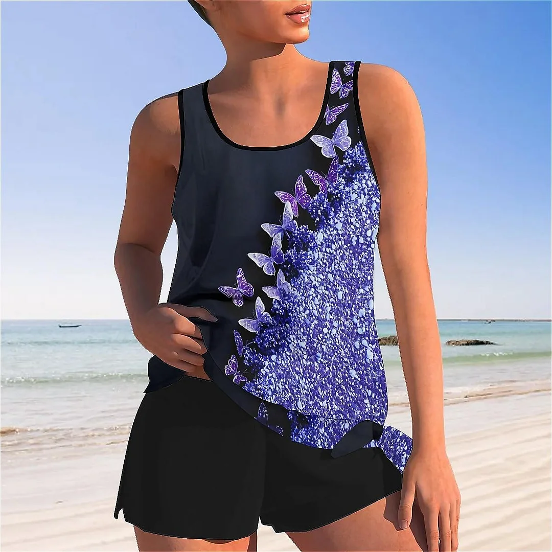 Bowknot Purple,Butterfly,Glitter Mid Waisted Tankini Set - Plus Size Available
