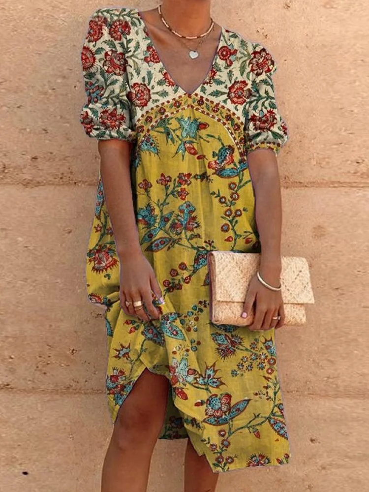V Neck Puff Sleeve Printed Midi Dress