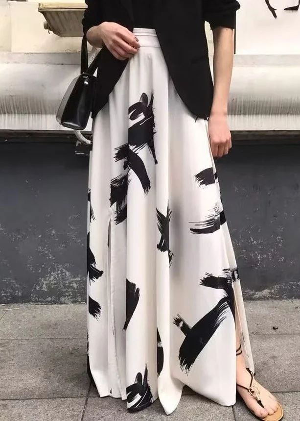 Italian Apricot Print Side Open High Waist Maxi Skirts