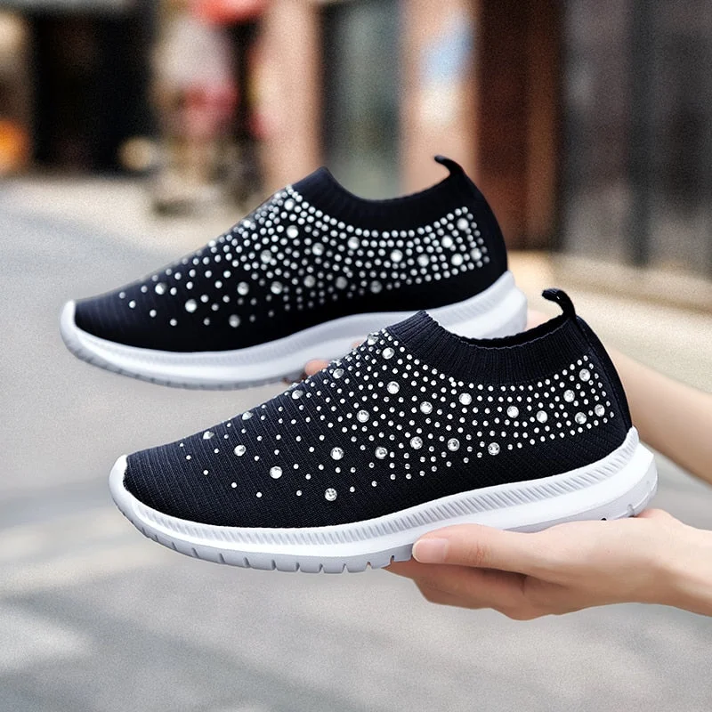 Women Casual Sneakers Knitted Flats Loafers Ladies Slip-on Sock Shoes Women's Luxury Crystal Vulcanized Shoes Zapatillas Mujer