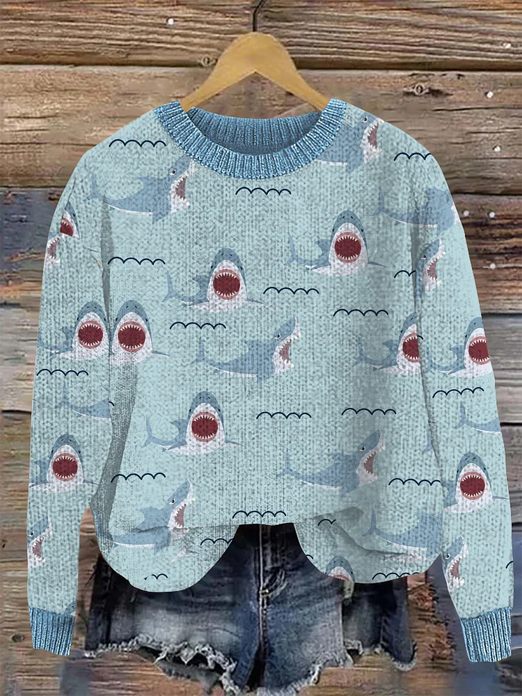 Ocean Cute Shark Print Cozy Knit Sweater