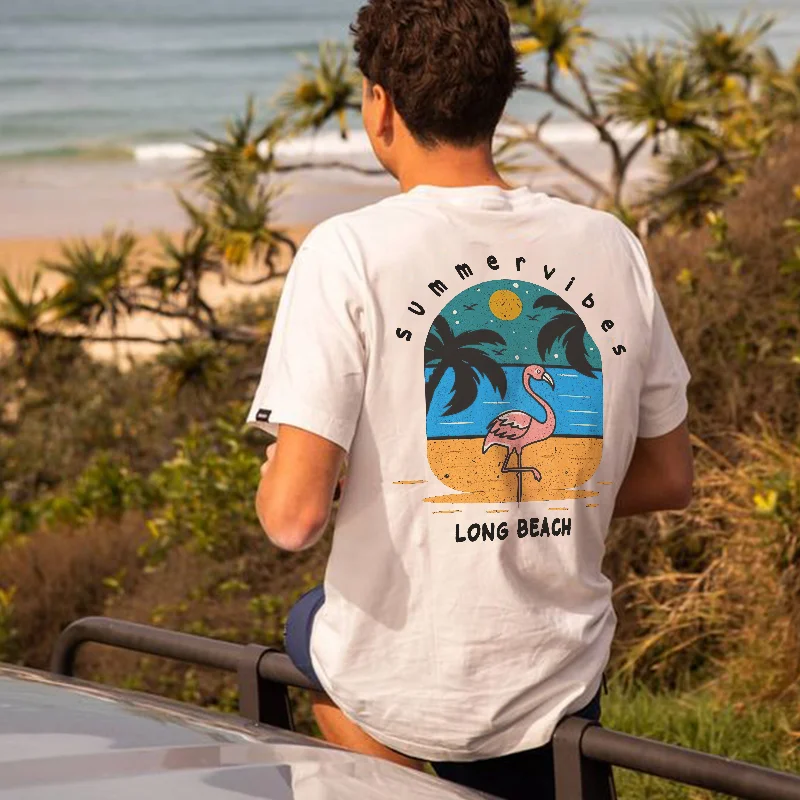 Summer Vibes Long Beach Flamingo Print T-shirt