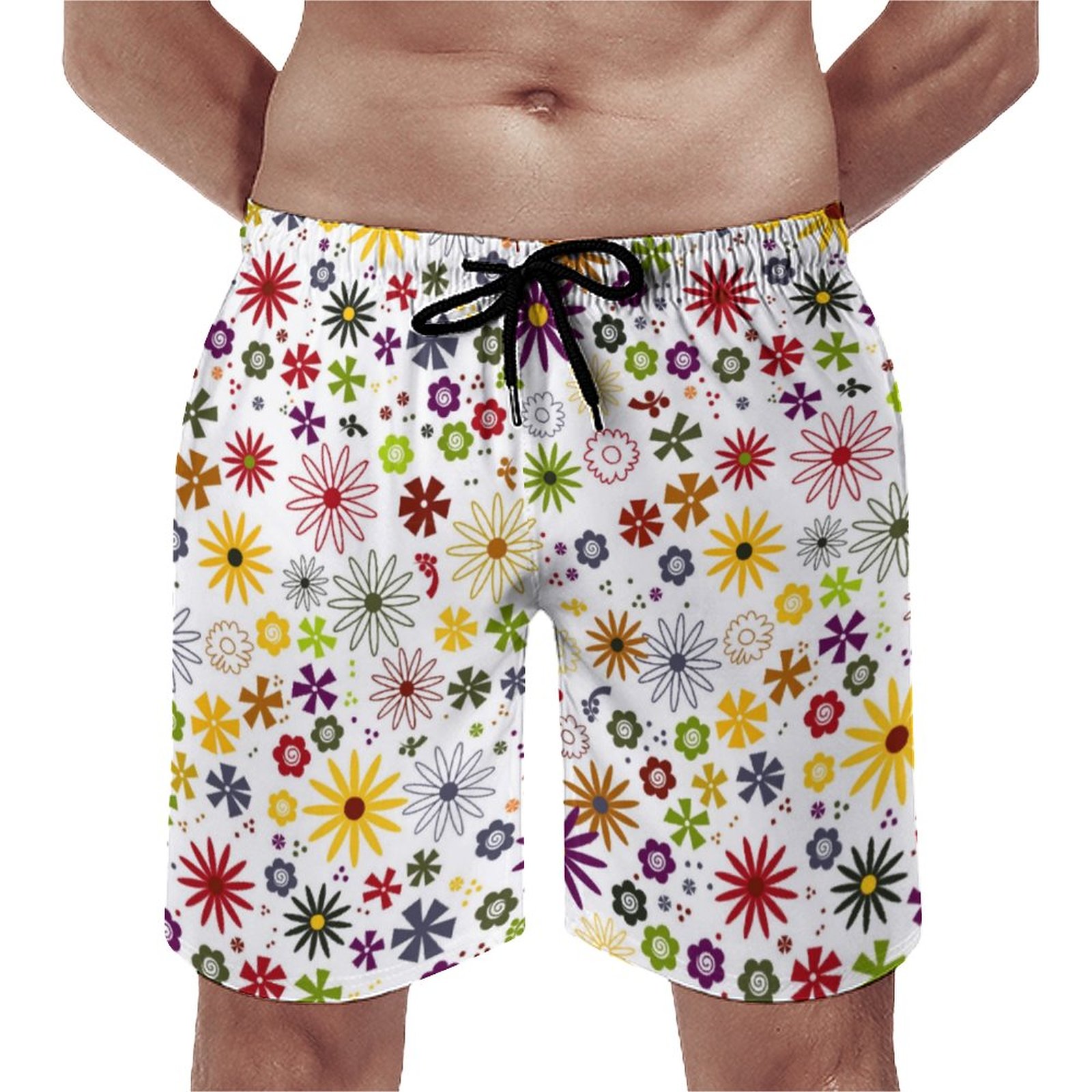 Cute Colorful Floral Pattern On White Background K Elegant Men's Swim Trunks Summer Board Shorts Quick Dry Beach Short with Pockets