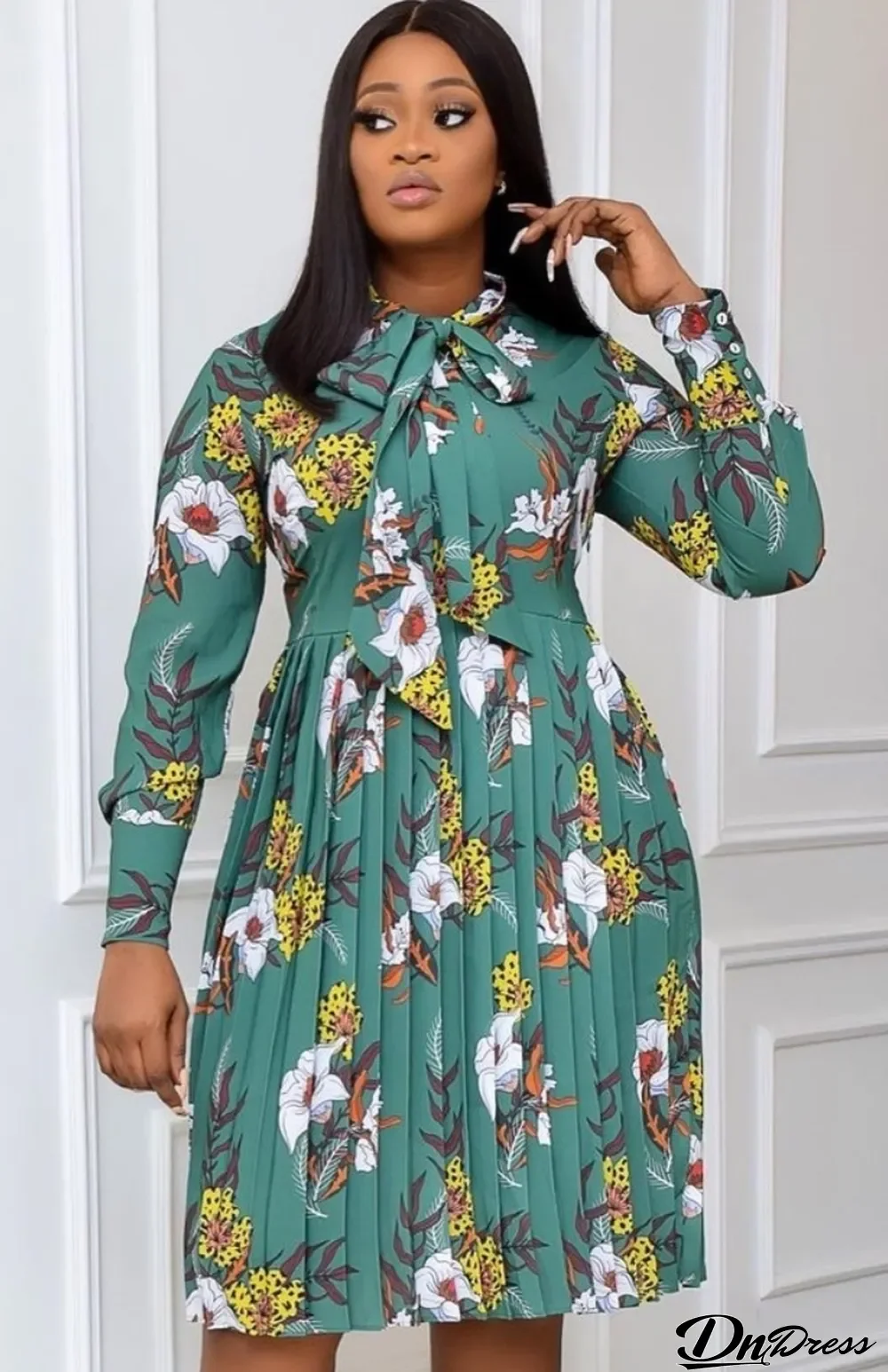 Autumn Office Professional Print Pleated Skater Dress