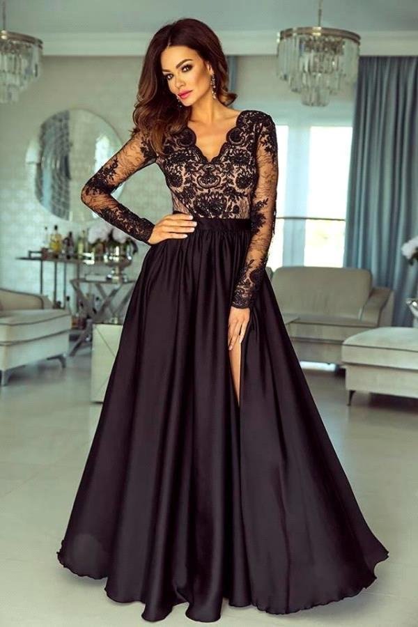 Langarmes schwarzes Spitze Abendkleid mit Schlitz PD0484 Lunass
