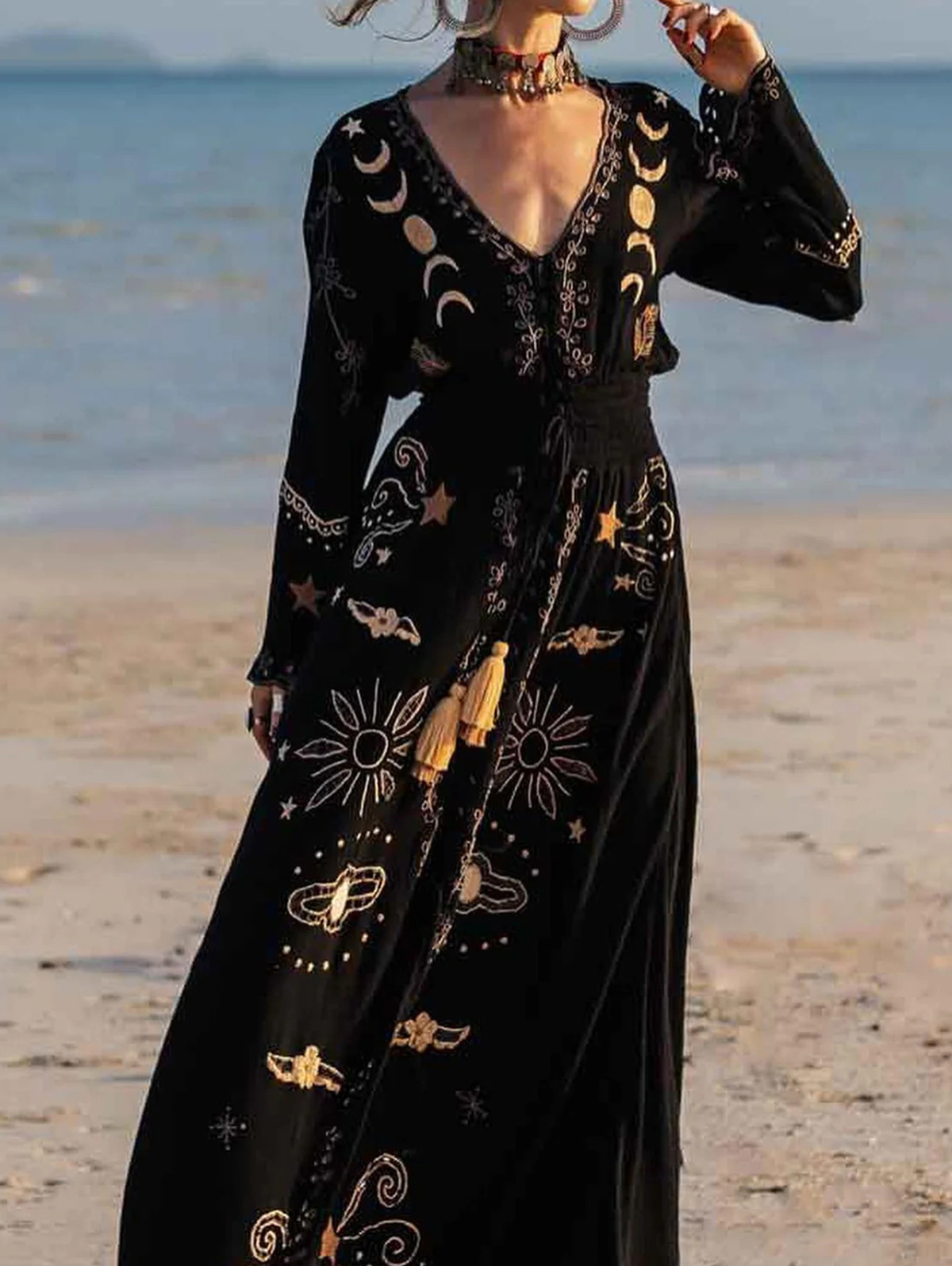 Vintage Embroidered V Neck Lace-up Long Sleeve Maxi Dress