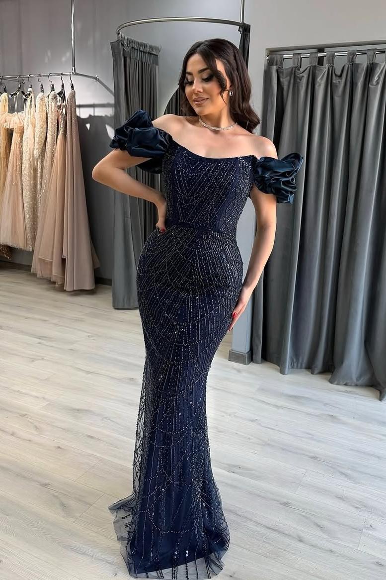 Lvs&Broner Off the Shoulder Sleeveless Long Mermaid Prom Dress With Beading