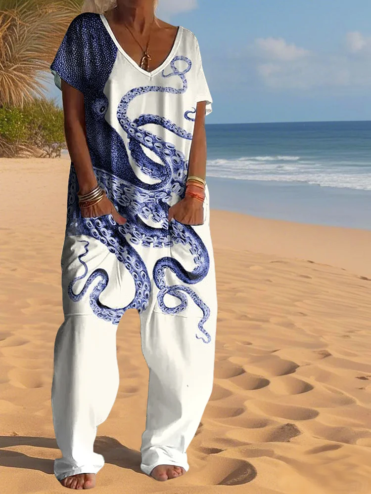 Casual Octopus Art Print V Neck Jumpsuit