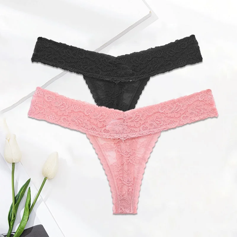 FINETOO 2PCS/Set M-XL Lace G-string Thong Panties for Woman Sexy Floral Underwear Transparent Women's Underpants Female Lingerie