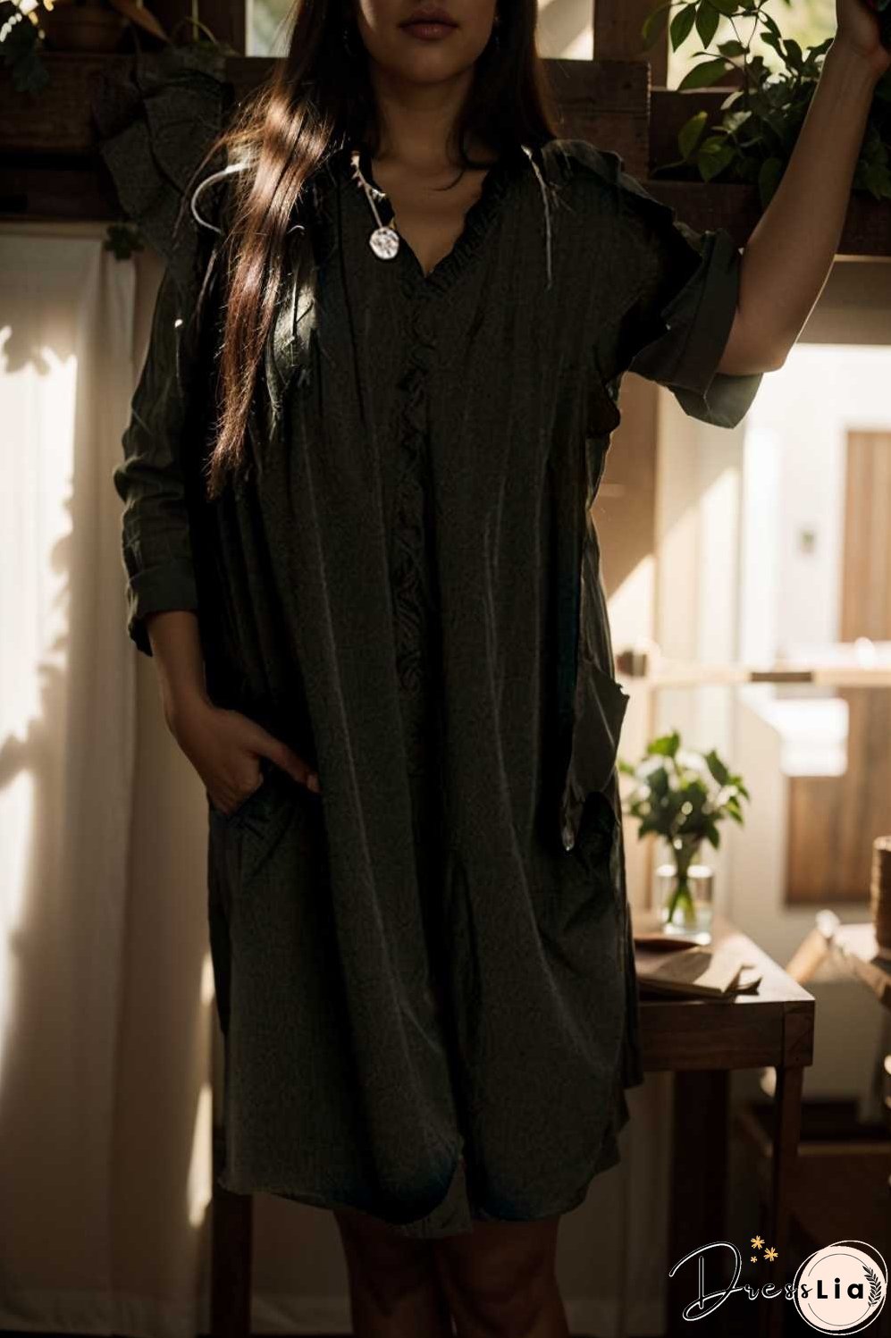 sweet black ruffle sleeve v neck mini shift dress