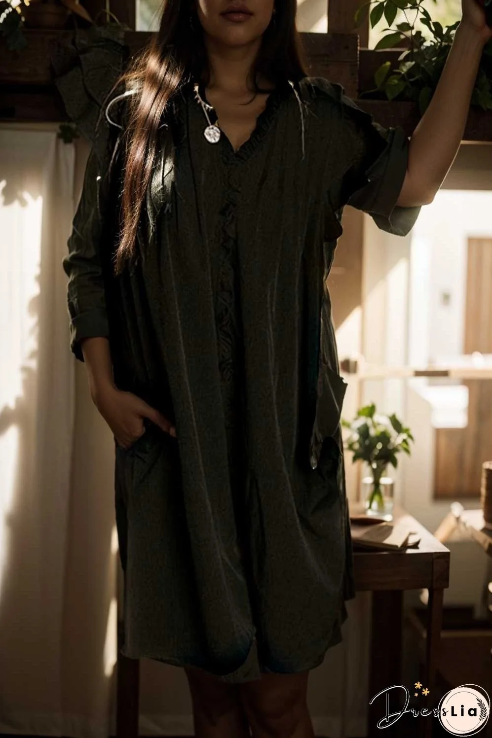 sweet black ruffle sleeve v neck mini shift dress