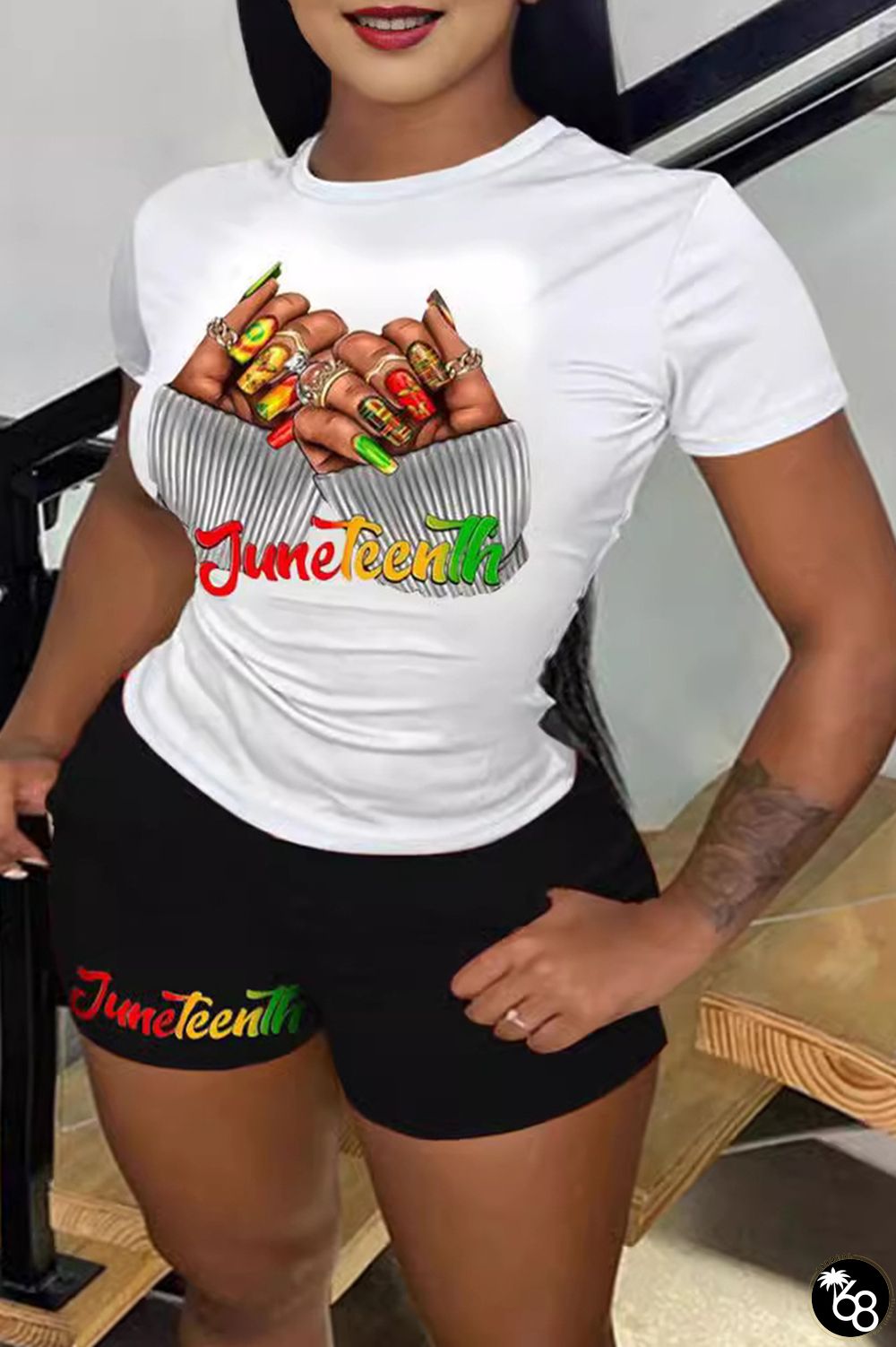 Street Print Patchwork Pocket O Neck Plus Size Two Pieces | 168DEAL