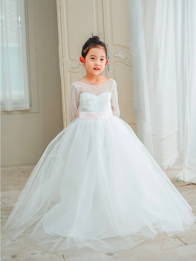 Hellodresses Long Sleeve Boat Neck Ball Gown Flower Girl Dress Floor Length Lace Tulle With Bows Belt