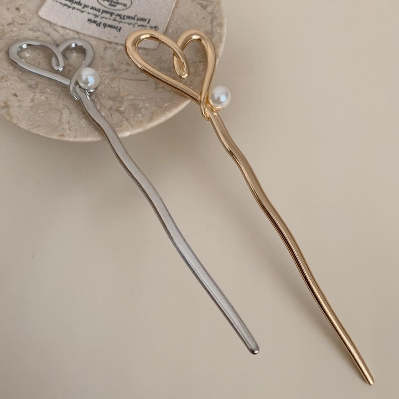 Women's Sweet Heart Shape Alloy Inlay Pearl Hair Sticks
