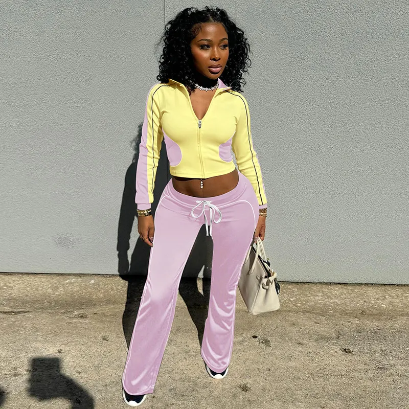 Uveng Uveng Women's Autumn And Winter Line Bump Color Without Collar Zipper Tight Rope High-Waisted Trousers Set