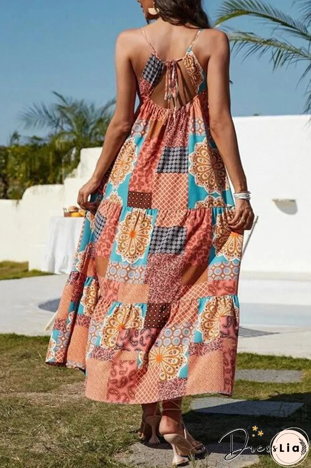 Fashion Print Split Joint Spaghetti Strap Cake Skirt Dresses