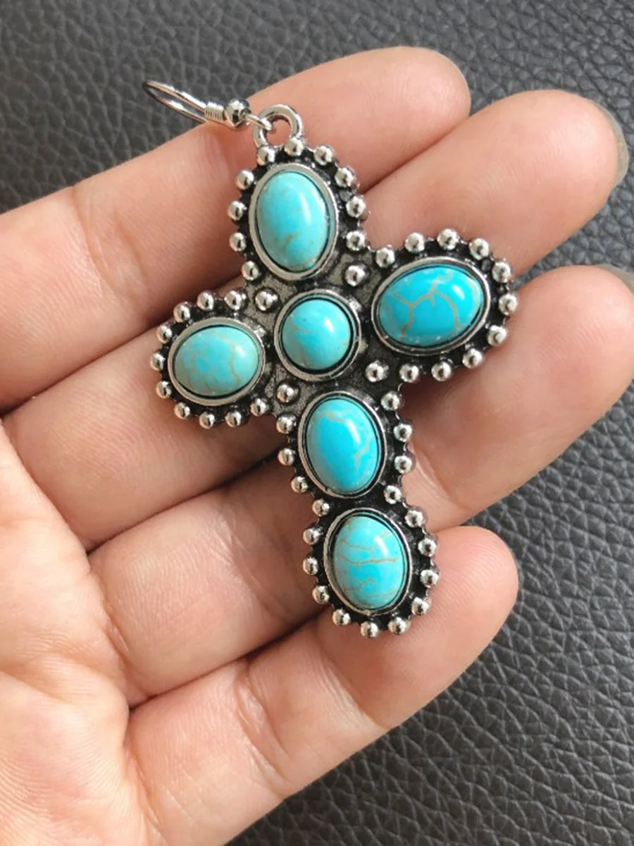 Vintage Cross Pattern Turquoise Earrings