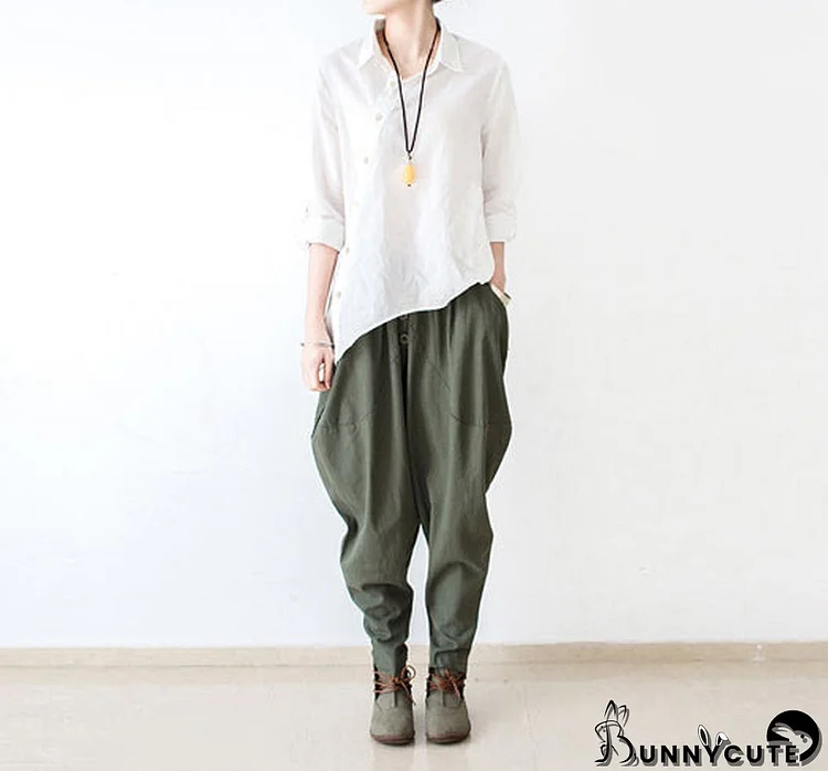 Stylish tea green linen carrot pants oversize causal cotton harem pants