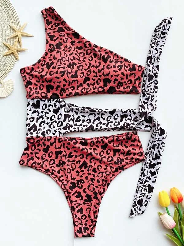 Asymmetric Leopard-Print One-Piece Swimwear