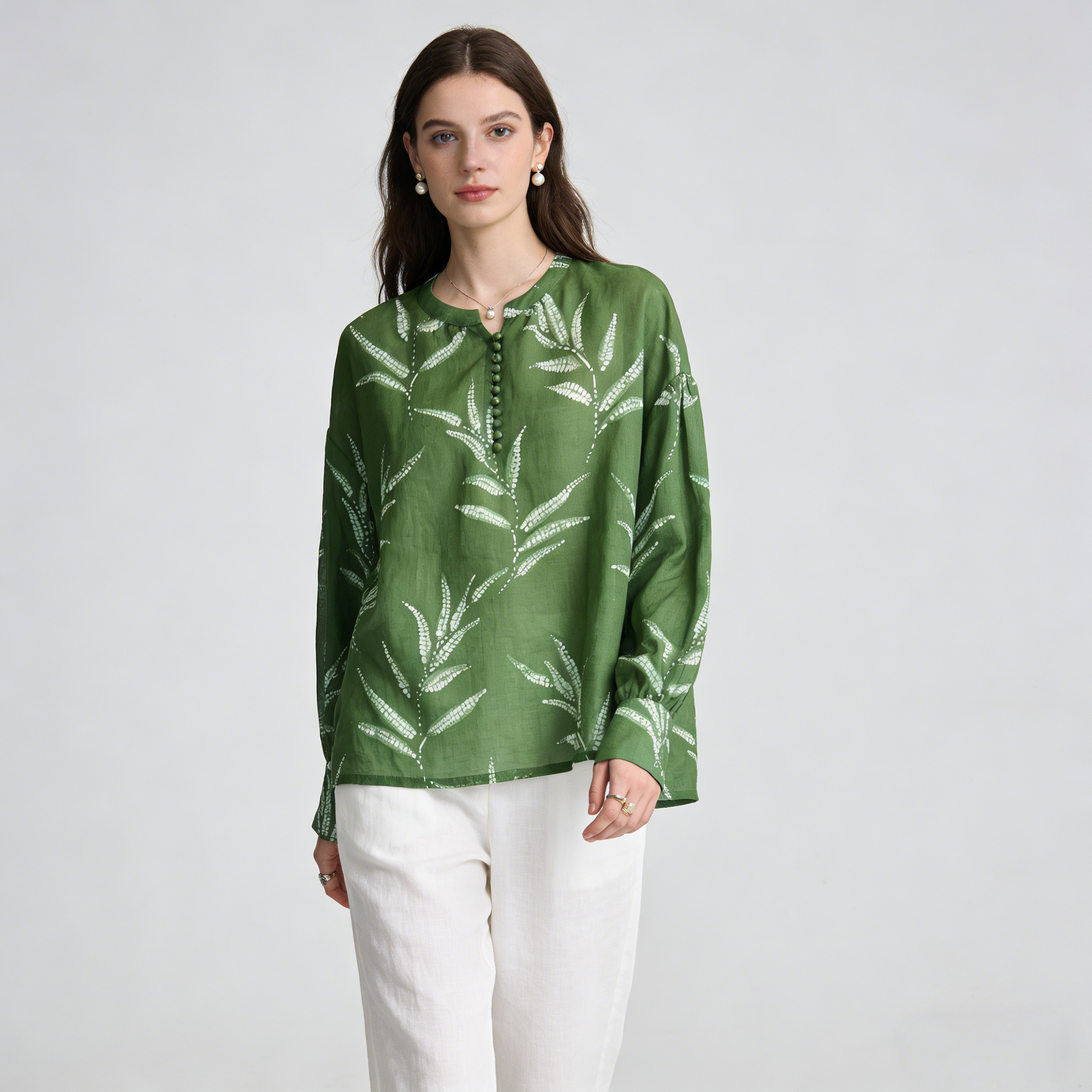 Linen Blouse Women 100% Ramie Bamboo Print Balloon Sleeve Top REAL SILK LIFE