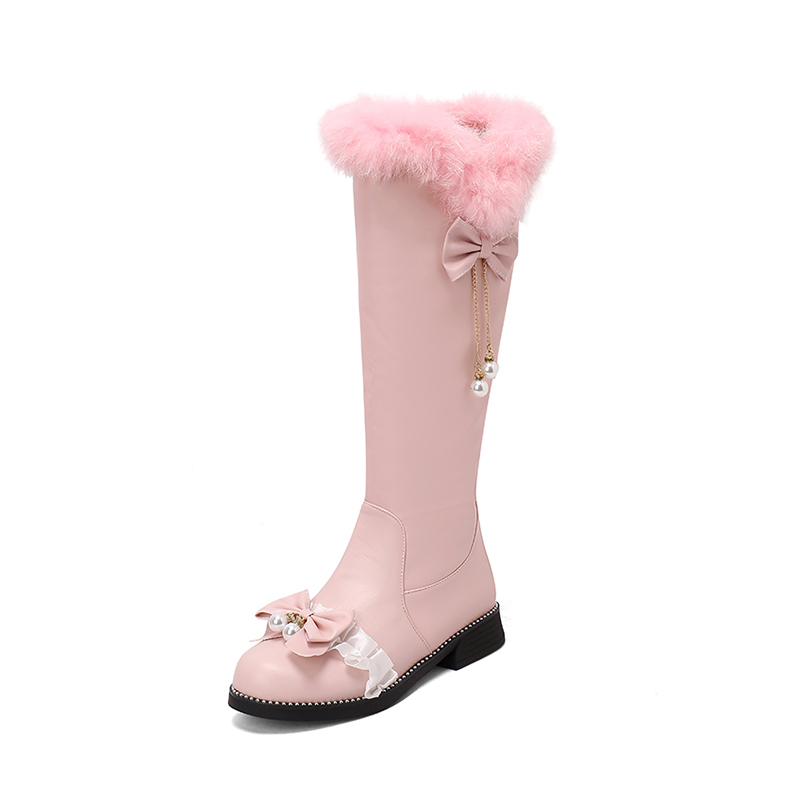 GOOSHOE Pleated Lace Metal Chain Pearl Decoration Thick Sole Flat Heel Knee High Boots Bow Tie Faux Fur Side Zipper Lolita Girls' Shoes