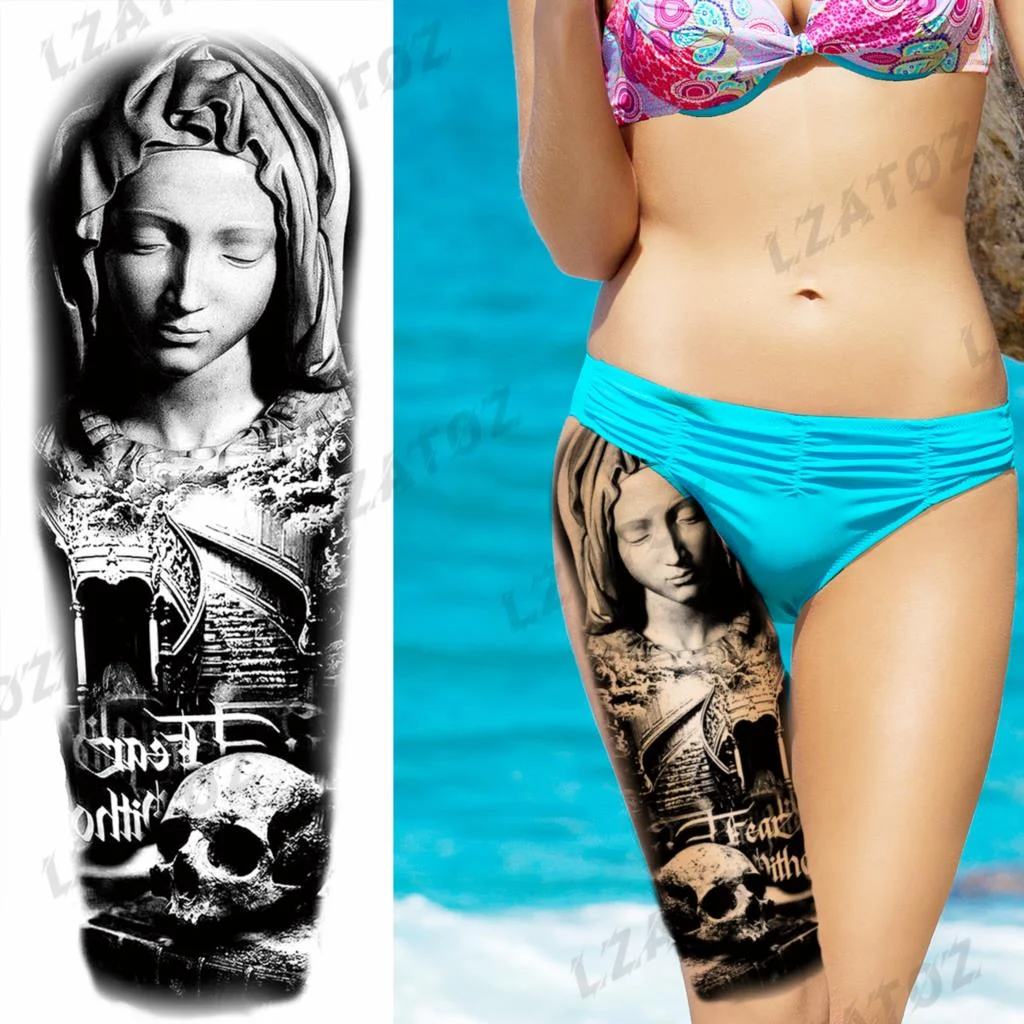 Sdrawing Sleeve Temporary Tattoos For Men Women Realistic Pirate Ship Wolf Tiger Skull Rose Flower Fake Tattoo Sticker Arm Tatoos