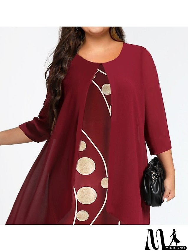Women's Plus Size Dress Set Graphic Round Neck Ruched 3/4 Length Sleeve Spring Fall Work Formal Knee Length Dress