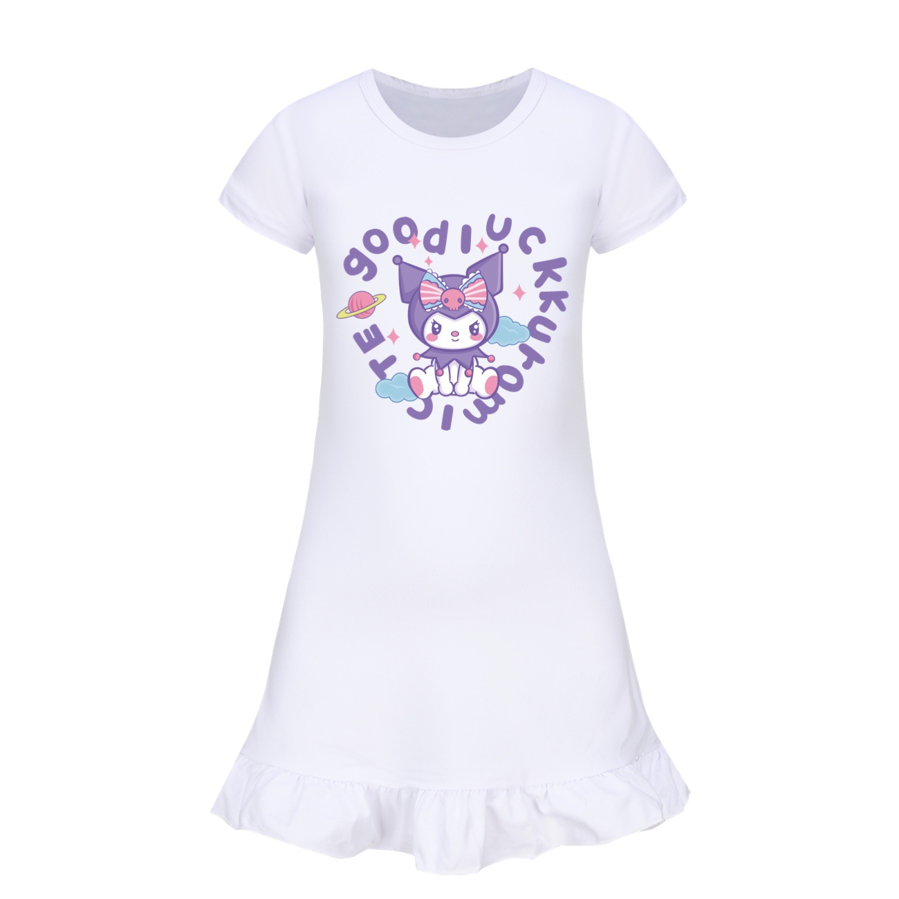 Kuromi Girls' Short Sleeve Pajama Dress - Cute Sleepwear Nightgown for Home WearSize 100-160 -Mayoulove