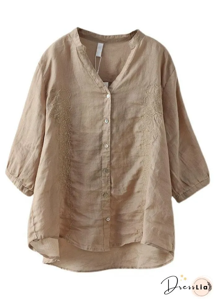 French yellow flower Embroidered V Neck Ramie Blouse Top Summer
